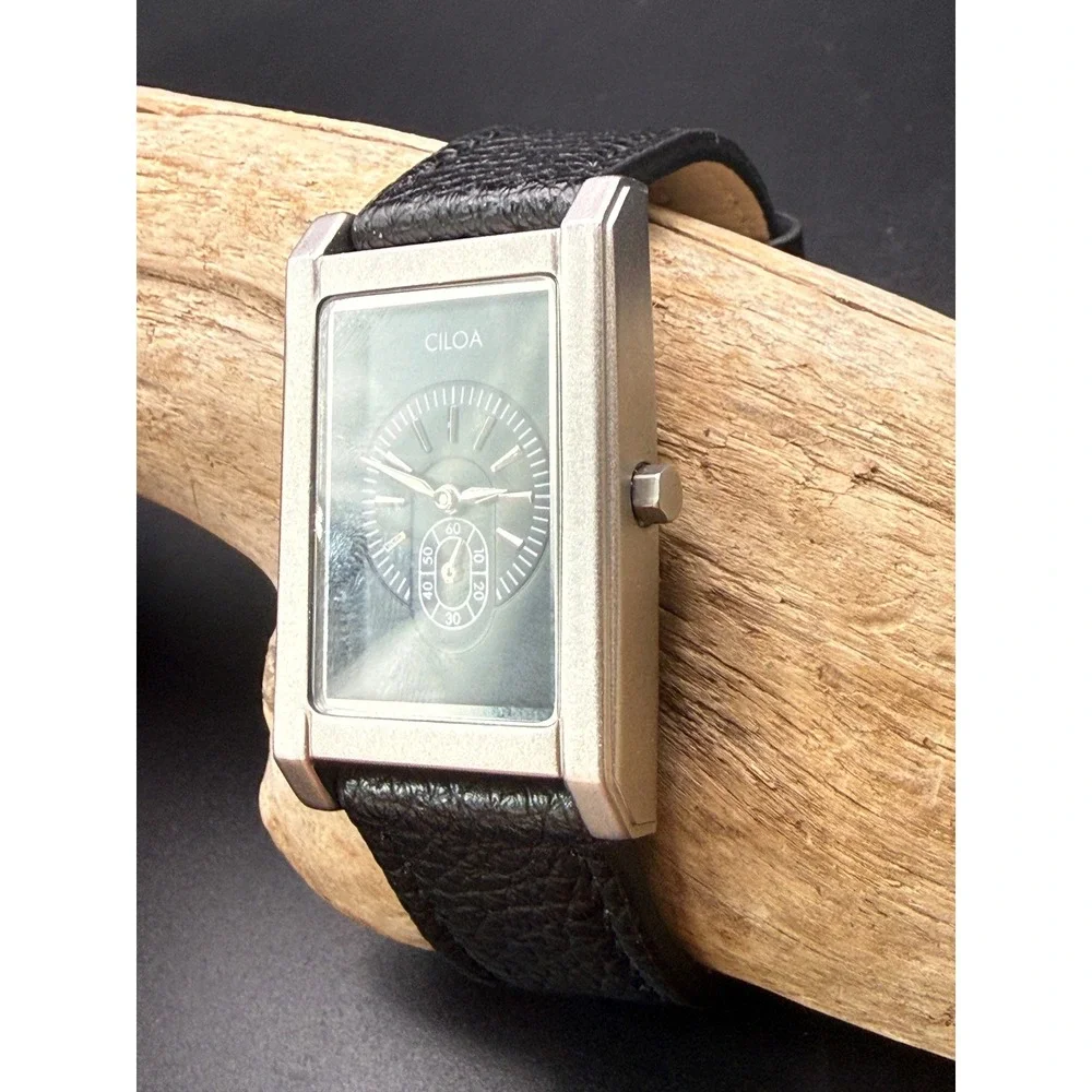 Ciloa EP510 Tank Watch Black Dial Silver Case Leather Strap Mens Womens Working